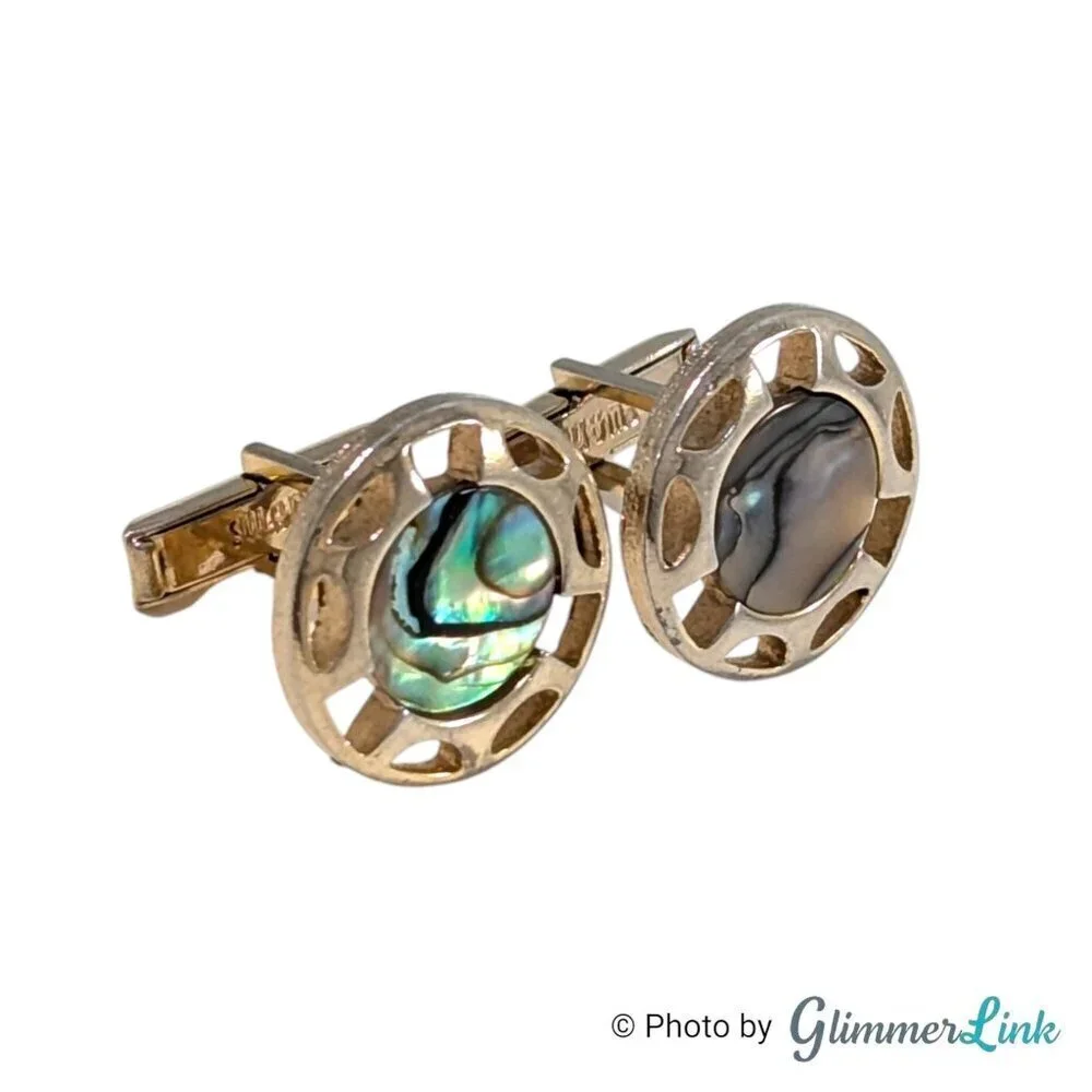 Vintage Swank Round Abalone Shell Whale Back Gold Tone Cufflinks